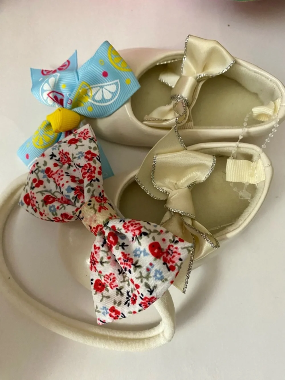 Hand Crafted Cream Bow Kids Dress Shoes with Silver Trim